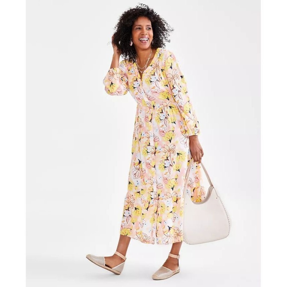 Style & Co Dress Womens Small Yellow Floral Maxi‎ Cottagecore Linen Blend